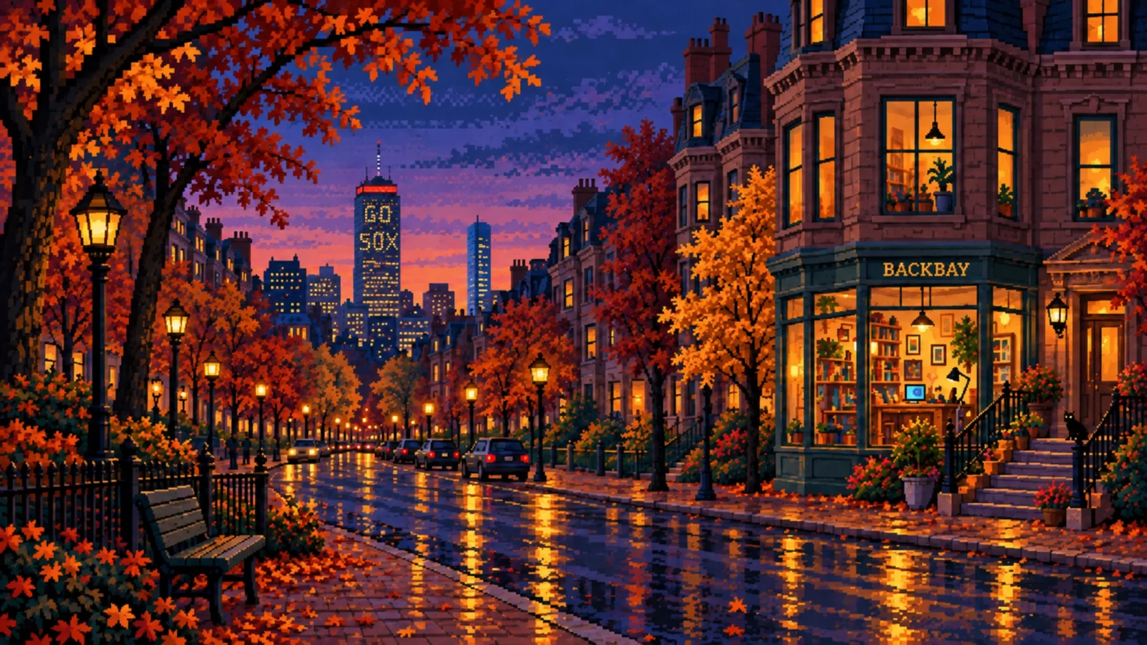 An autumn evening in Back Bay: copper trees, glowing brownstones, a lit Backbay workshop, and GO SOX spelled in the Prudential Tower’s windows.