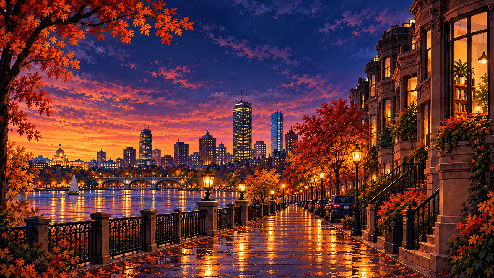 Boston at dusk from the Esplanade: copper maples, the Charles River and the Back Bay skyline, a rain-slick lamplit path, and a lit brownstone study.